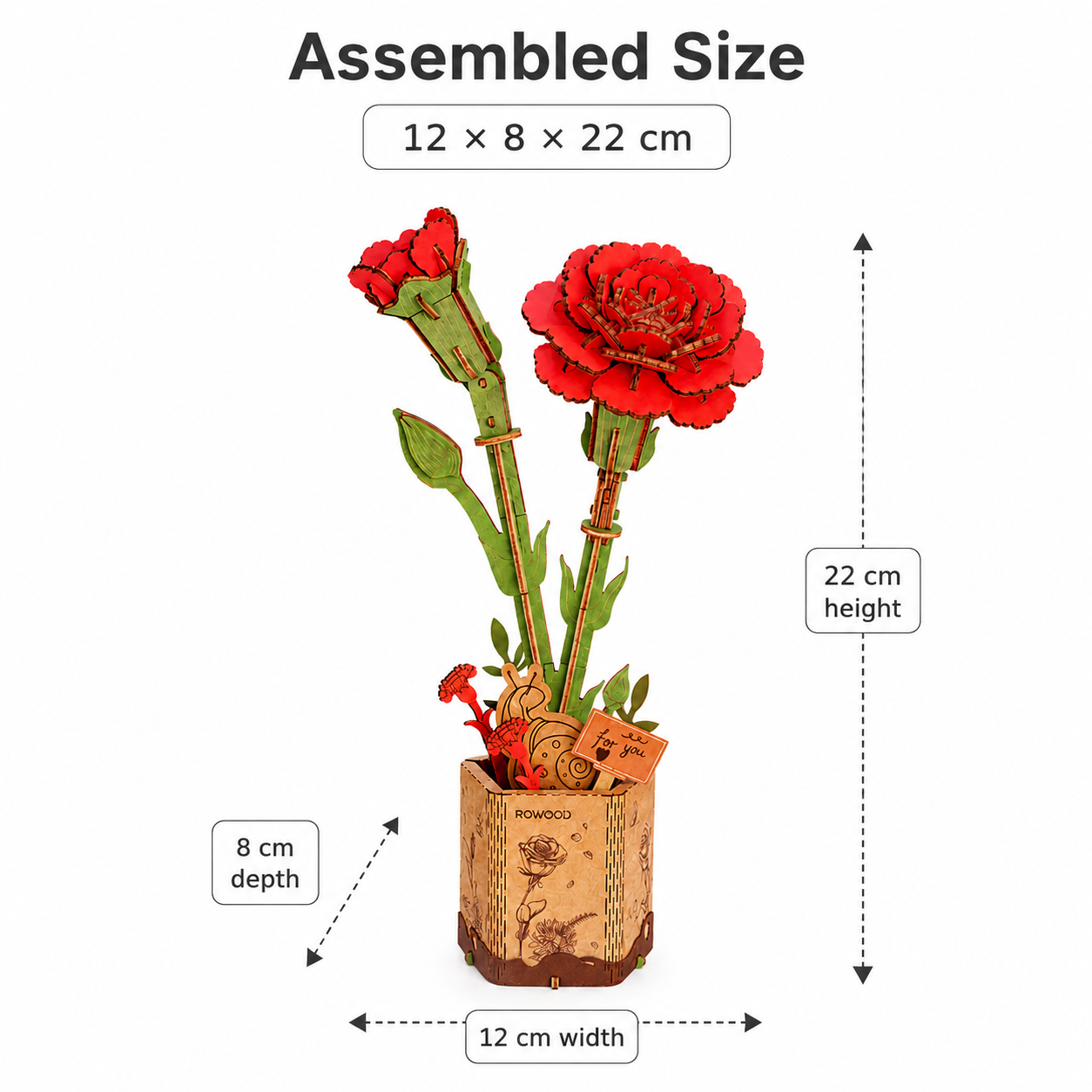 Rowood Red Carnation TW052 size guide showing assembled dimensions of 12 by 8 by 22 cm.