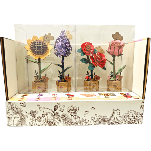 Rowood Wooden Bloom Craft series display featuring Red Camellia TW031 with other wooden flower models