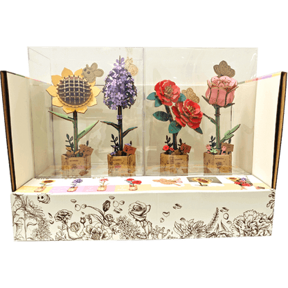 Rowood Wooden Bloom Craft series display featuring Red Camellia TW031 with other wooden flower models