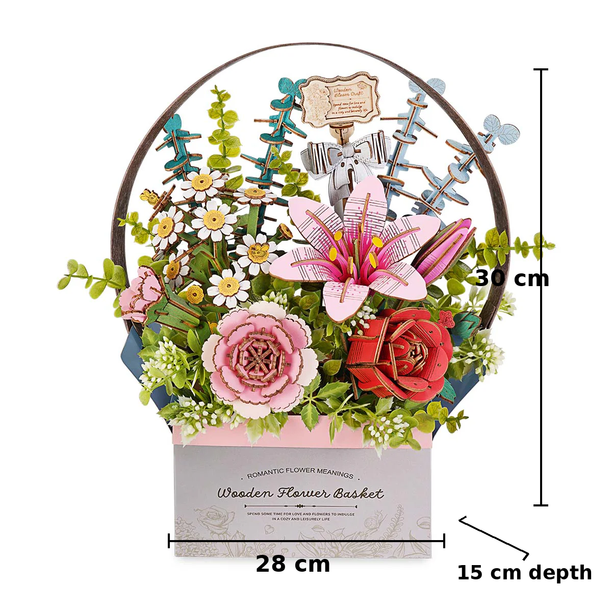 Rowood Wooden Flower Basket TW03H size guide showing assembled dimensions 28 x 15 x 30 cm