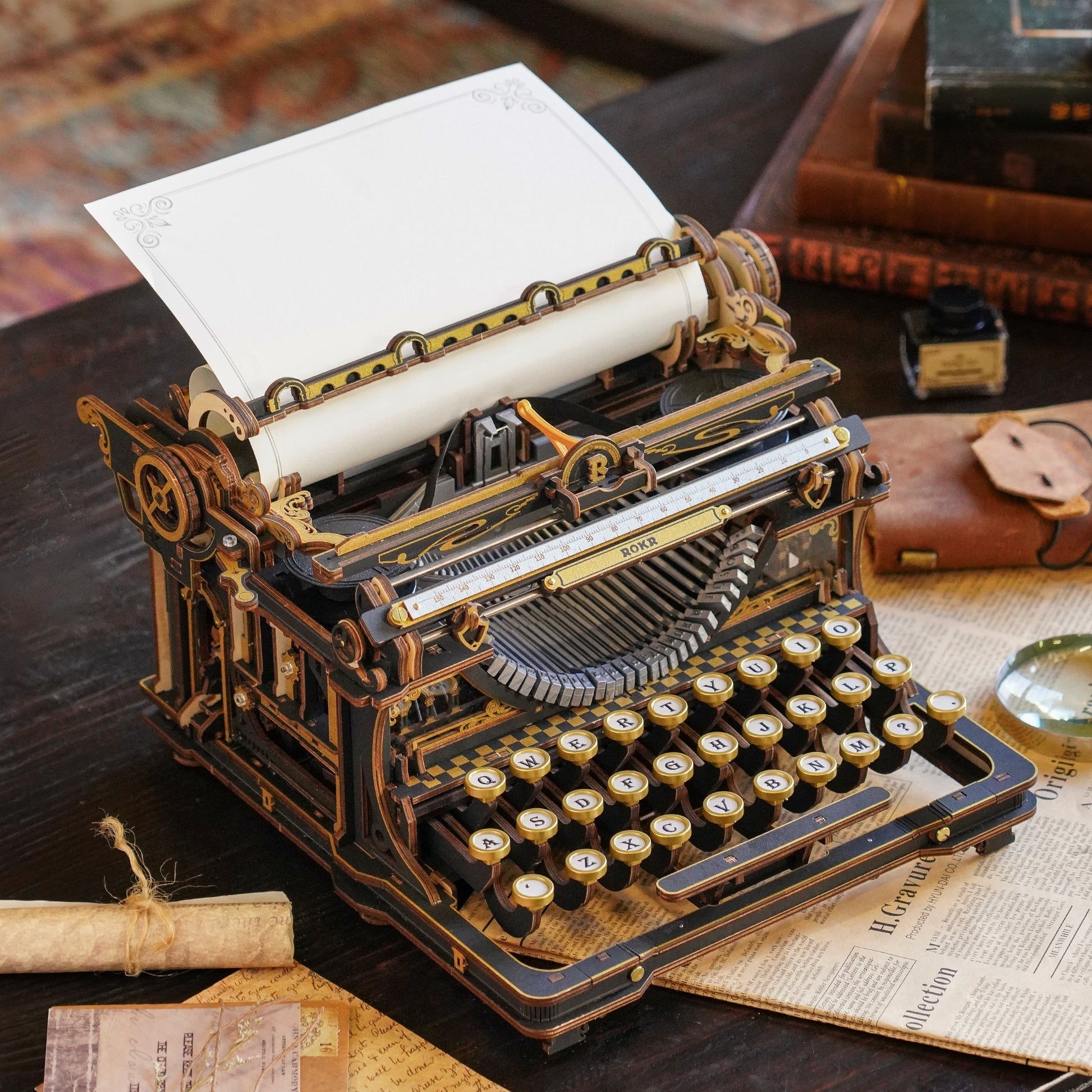 ROKR Mechanical Typewriter LK703B retro home decor display with books and stationery