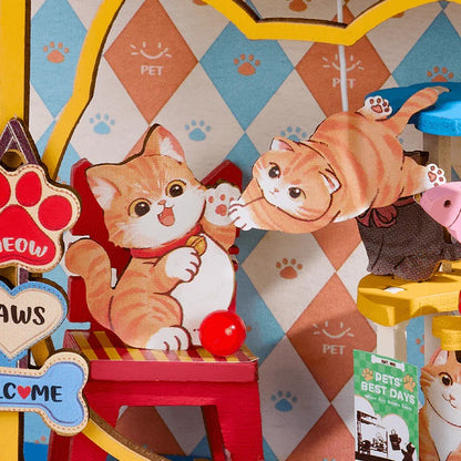 Rolife Pawfect Pet Shop DS045 close-up of kitten illustrations and paw print wallpaper