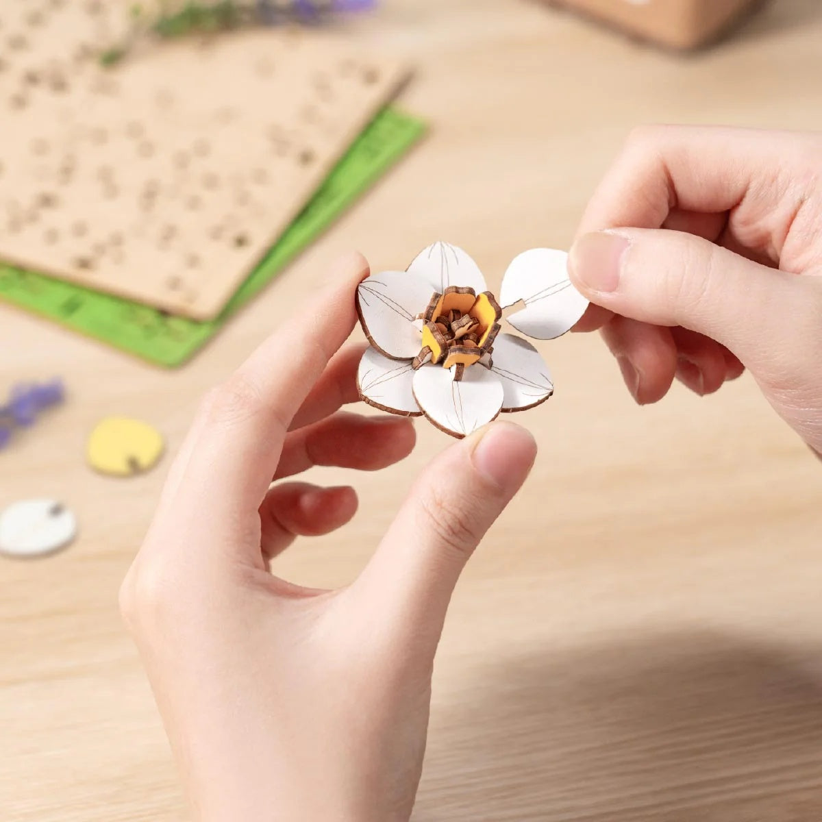 Rowood Narcissus TF002 wooden daffodil flower assembly close-up with hands placing flower petals