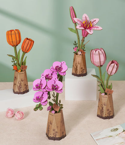 Rowood Orange Tulip TW081 displayed with other wooden flower craft kits from the Wooden Bloom Craft collection.