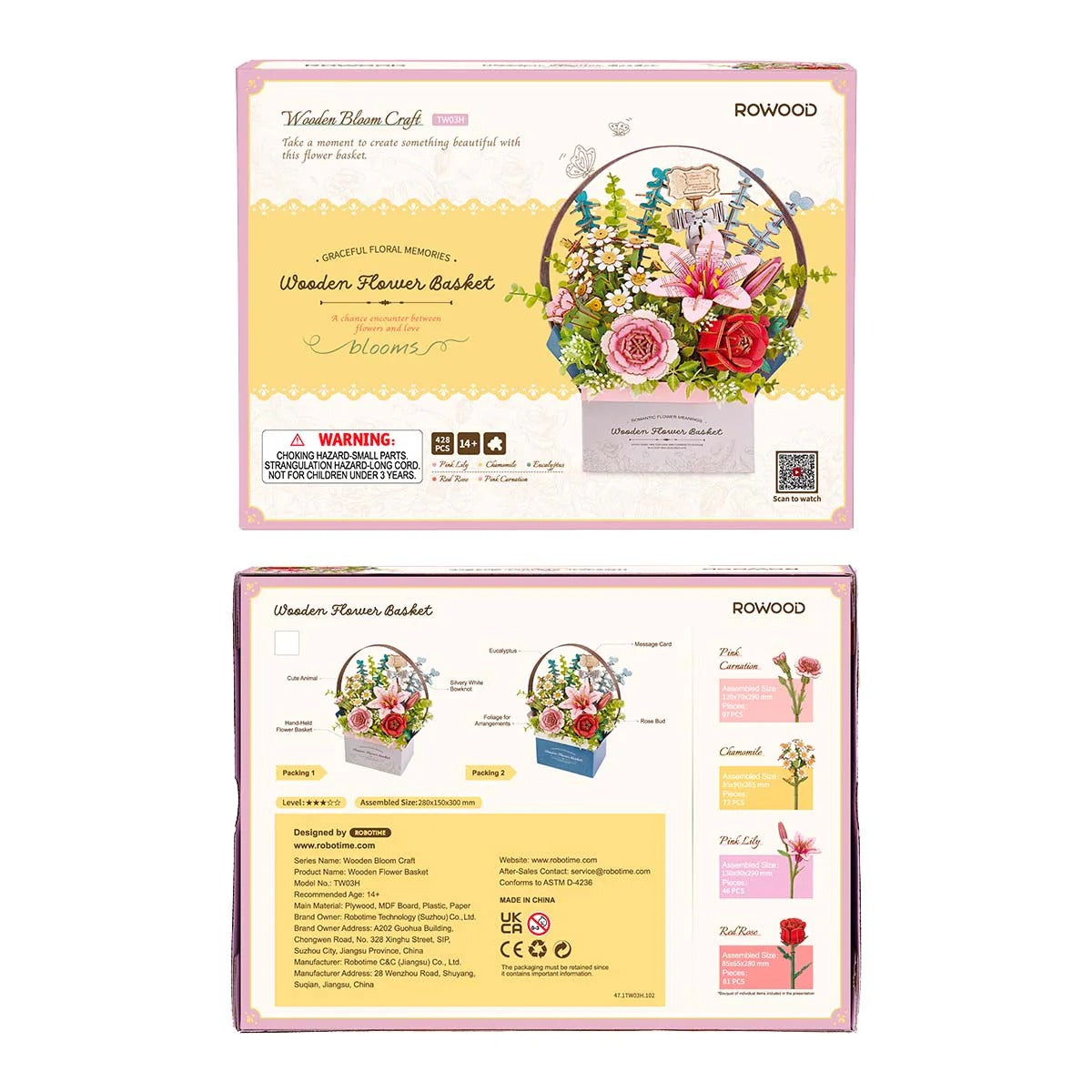 Rowood Wooden Flower Basket TW03H packaging box front and back with product details and included flower styles