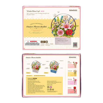 Rowood Wooden Flower Basket TW03H packaging box front and back with product details and included flower styles