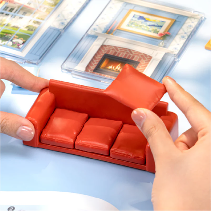Hands assembling the red sofa cushion for Rolife Country Blue Lounge DWS05B DIY miniature room kit