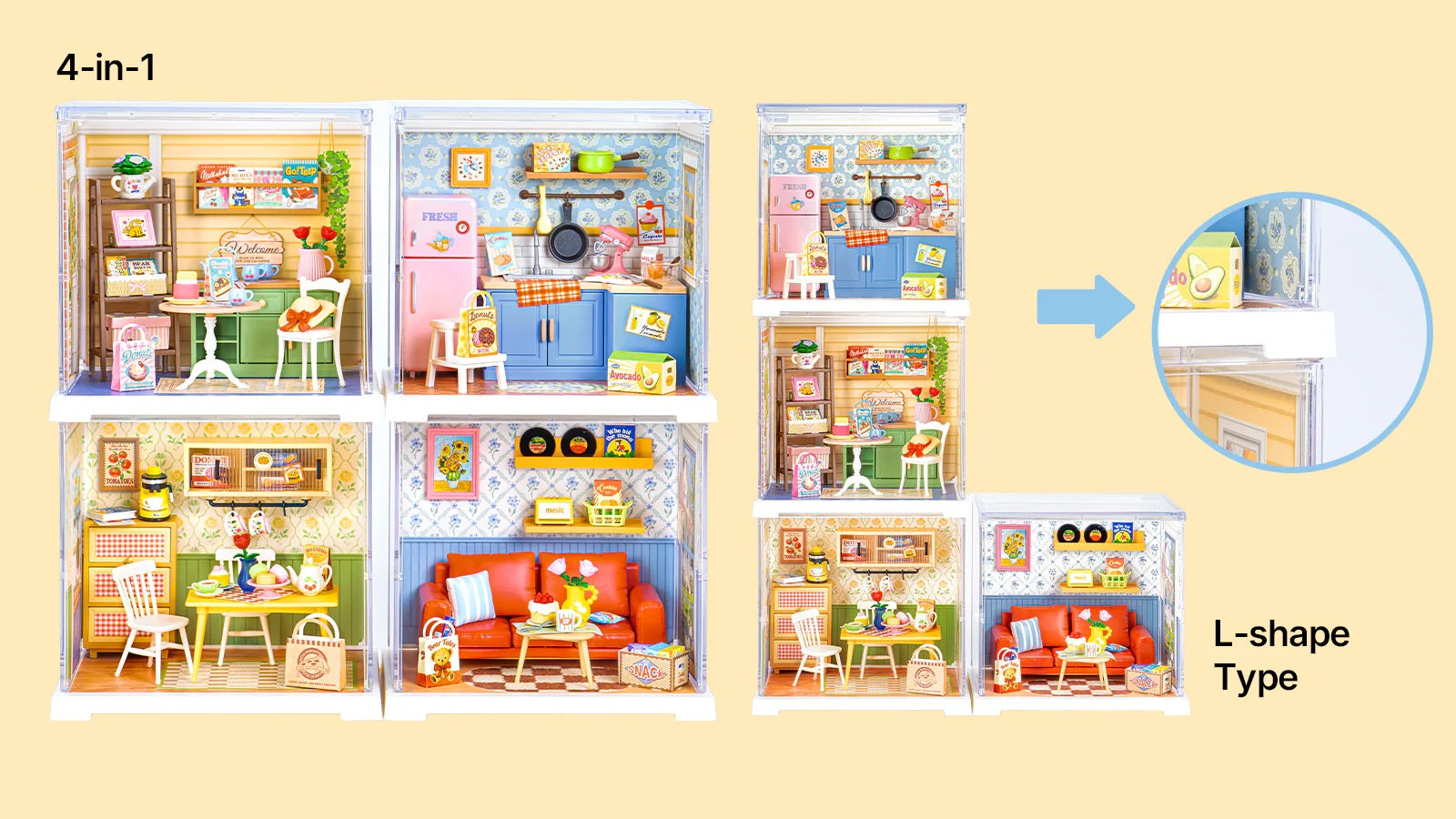 Rolife Homely Baking Kitchen DWS08B Mini Super Creator stackable room layout with 4-in-1 and L-shape display options.