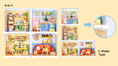 Rolife Homely Baking Kitchen DWS08B Mini Super Creator stackable room layout with 4-in-1 and L-shape display options.