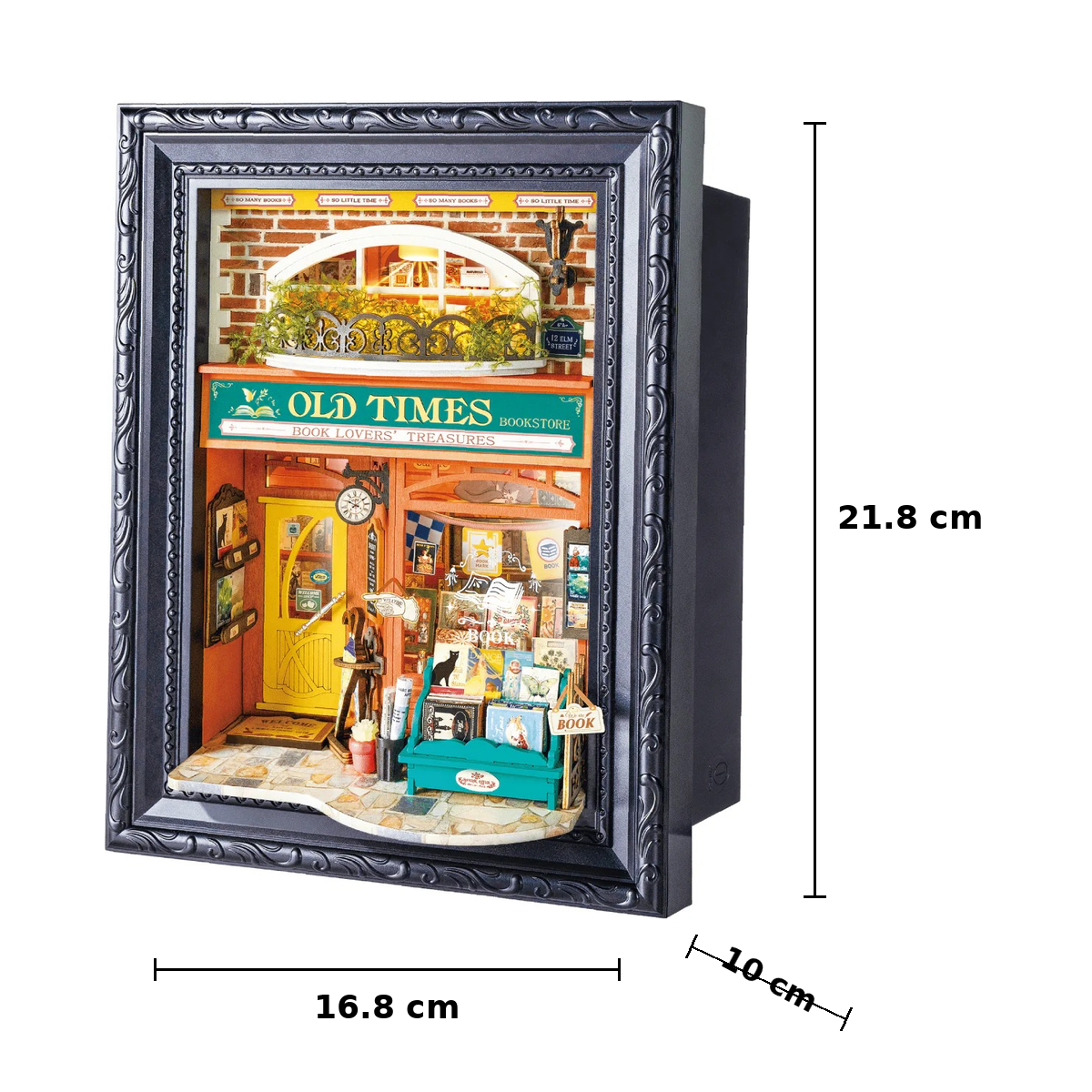 Rolife Old Times Bookstore DP004 assembled size guide in centimetres showing 16.8 cm width, 21.8 cm height and 10 cm depth