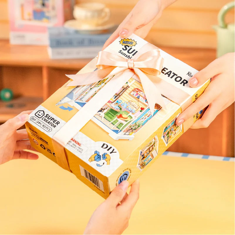 Rolife Sunshine Sip Porch DWS07B gift-ready packaging scene with ribbon on the product box.