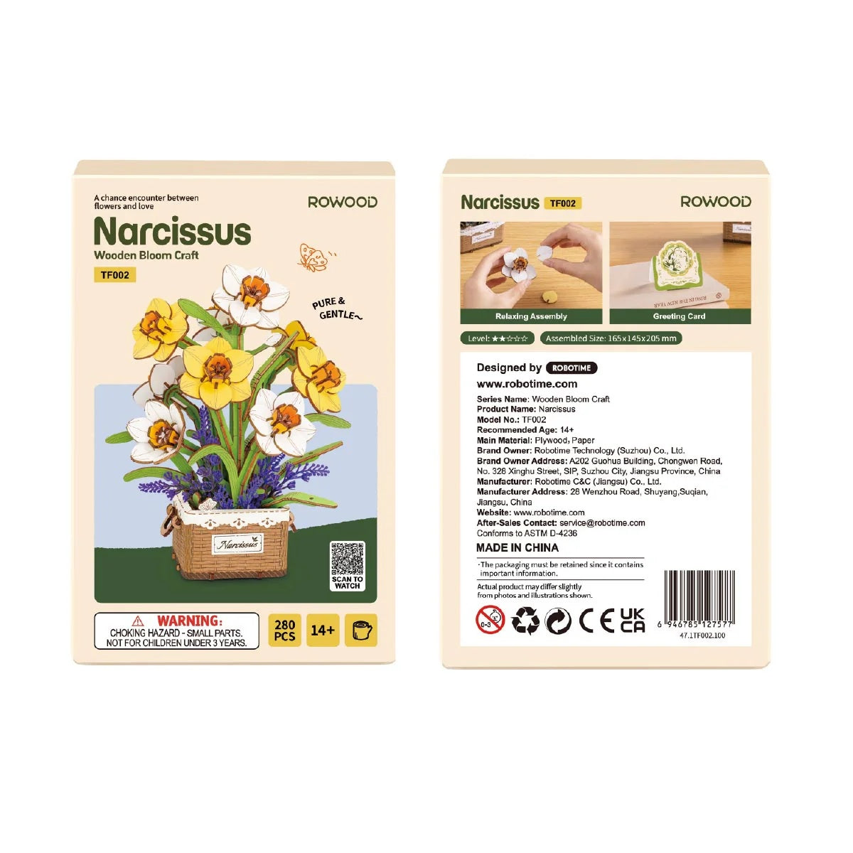 Rowood Narcissus TF002 product packaging box front and back with 280 pieces and 14 plus age marking