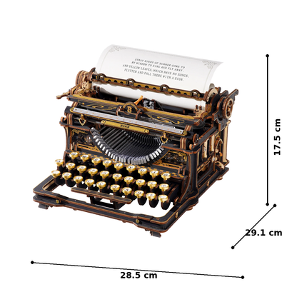 ROKR Mechanical Typewriter LK703B assembled size guide showing 28.5 x 29.1 x 17.5 cm dimensions