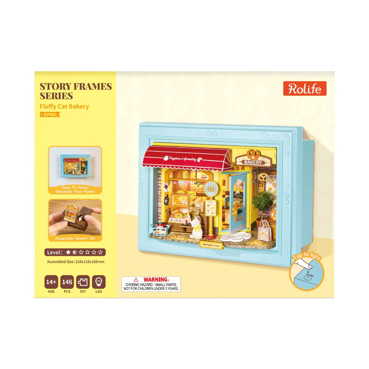 Rolife Fluffy Cat Bakery DP001 retail product box showing 146 pieces, LED feature and 14 plus age guide