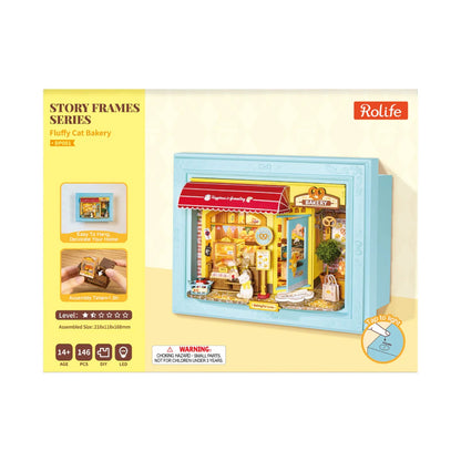 Rolife Fluffy Cat Bakery DP001 retail product box showing 146 pieces, LED feature and 14 plus age guide