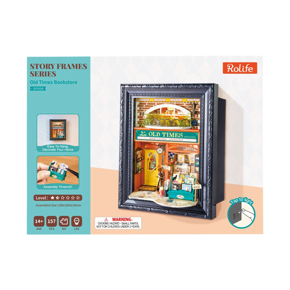 Rolife Old Times Bookstore DP004 retail product box showing story frames series, 157 pieces, LED feature and 14 plus age guide