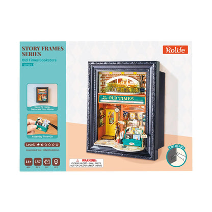 Rolife Old Times Bookstore DP004 retail product box showing story frames series, 157 pieces, LED feature and 14 plus age guide