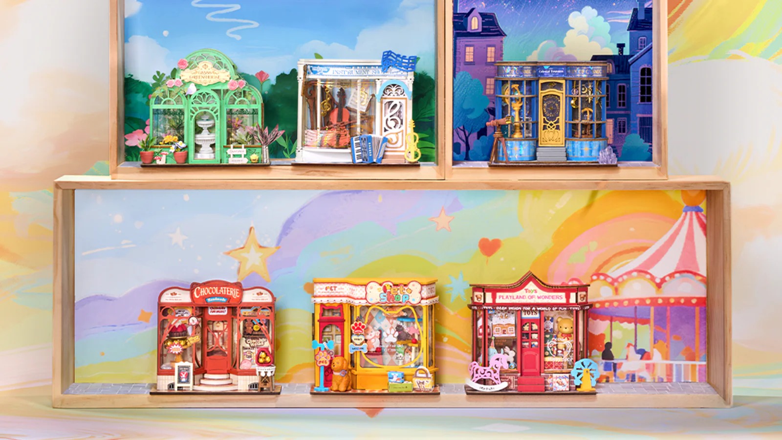 Rolife Tiny Stores collection display shelf featuring Pawfect Pet Shop DS045 and other miniature shop kits