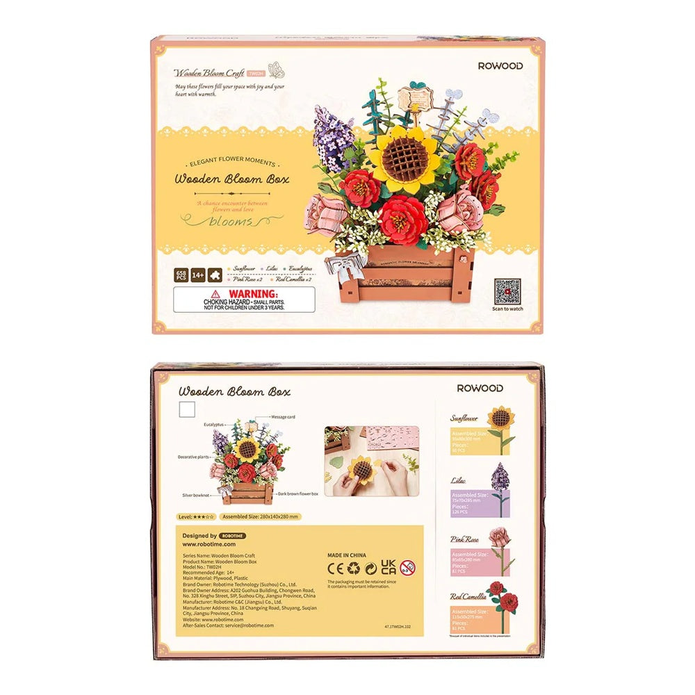 Rowood Wooden Bloom Box TW02H retail packaging box front and back with product details