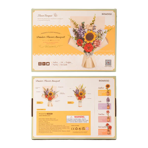 Front and back packaging view of the Rowood Wooden Flower Bouquet TW01H DIY wooden flower bouquet kit.