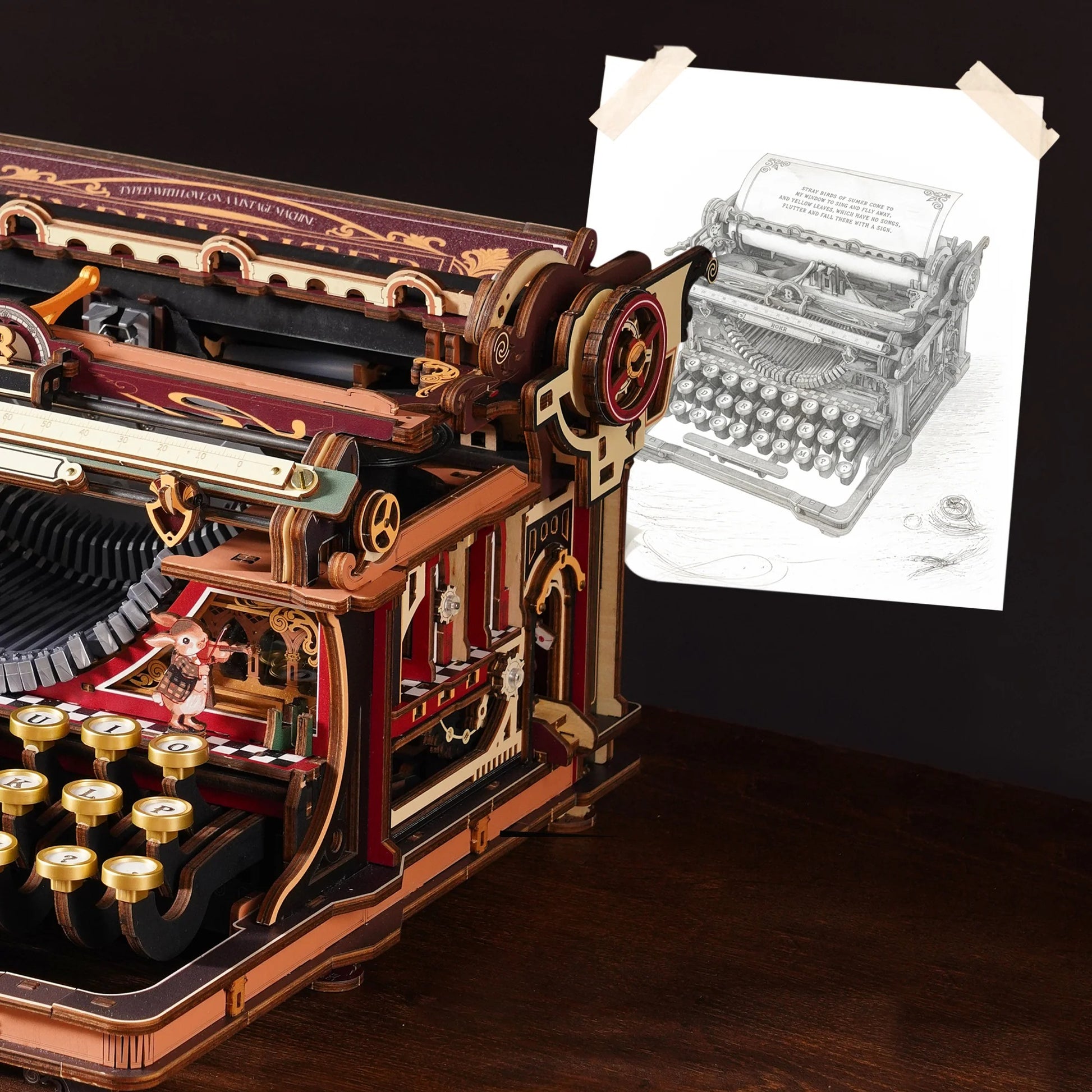 ROKR Mechanical Typewriter LK703C Magic Version vintage theater design detail with side windows and stage accents