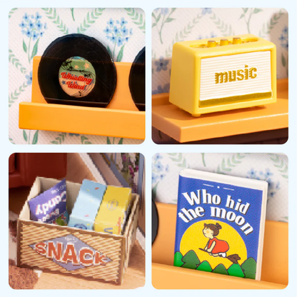 Rolife Country Blue Lounge DWS05B retro accessory details including vinyl records, yellow radio, snack box and storybook