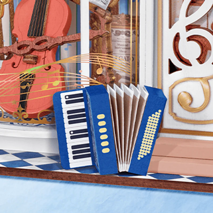 Close-up of blue accordion and instrument display detail on Rolife Melody Instrument Shop DS047