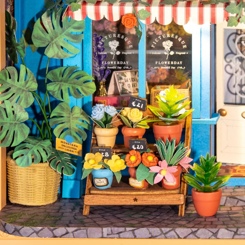 Rolife Daily Fresh Flower DP003 close-up of potted flowers, Monstera plant and flower stand outside the shop