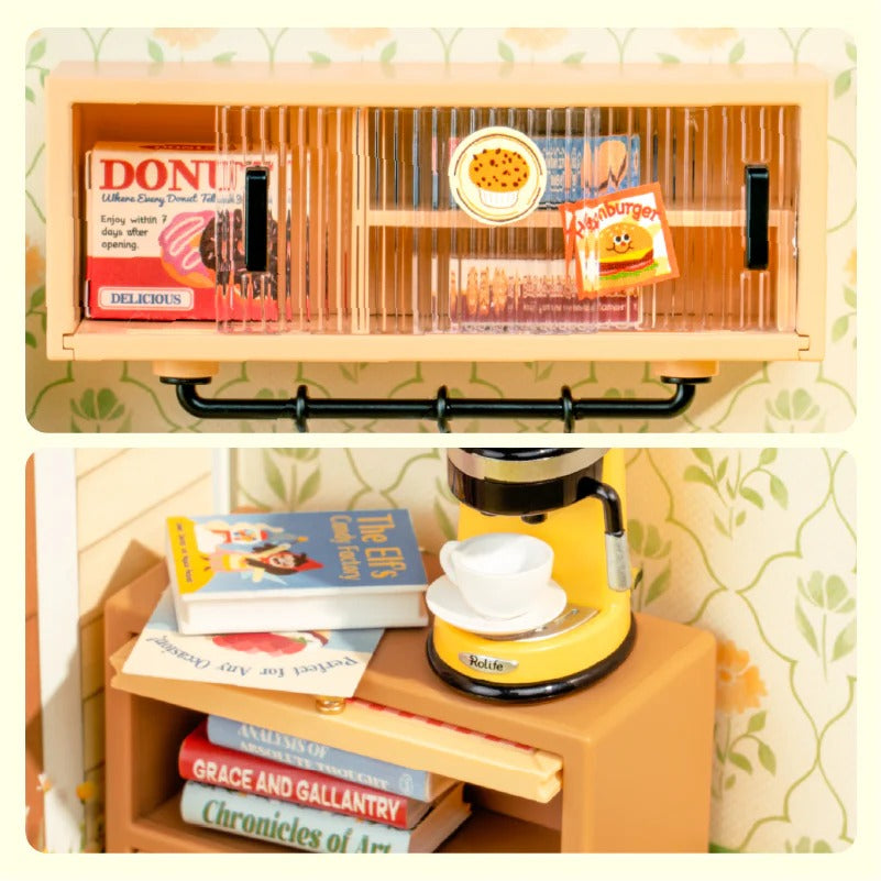 Rolife Floral Dining Room DWS06B detail view of transparent cabinet cover, coffee machine and books