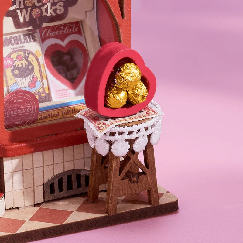 Rolife Sweet Chocolate Shop DS046 close-up of heart-shaped chocolate gift display outside the shop