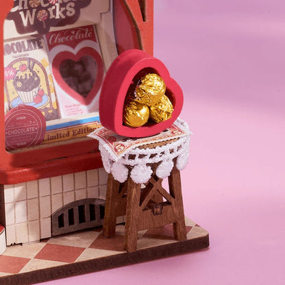 Rolife Sweet Chocolate Shop DS046 close-up of heart-shaped chocolate gift display outside the shop