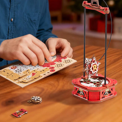 ROKR Santa on Sleigh MCD05 laser-cut wooden pieces and hands-on assembly process