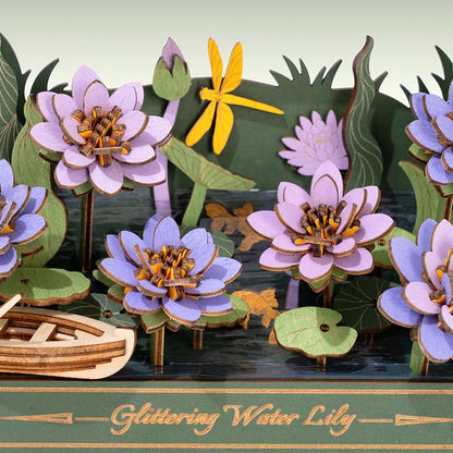 Rowood Glittering Water Lily TH001 close-up of layered water lilies, leaves, and dragonfly