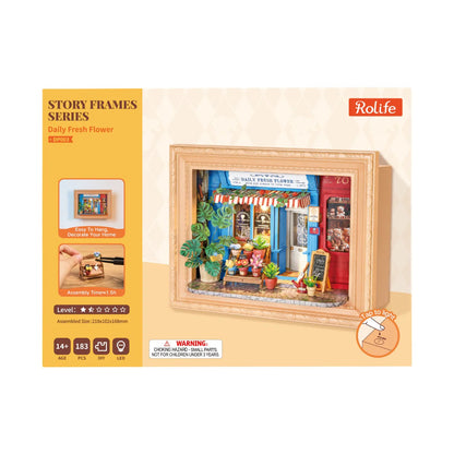 Rolife Daily Fresh Flower DP003 product packaging graphic showing 183 pieces, 1.5 hour assembly time, LED feature and 14 plus age marking