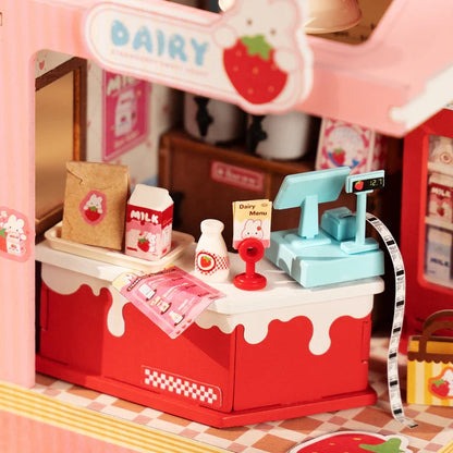 Rolife Food Box Shop Strawberry Milk Box DIY Miniature House Kit (DS034) | Flower LED Light