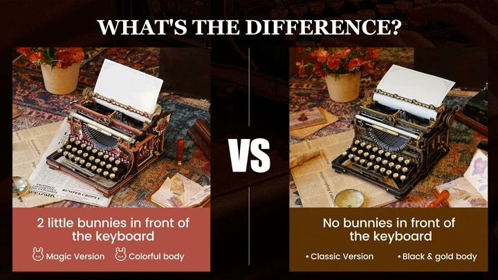 ROKR Mechanical Typewriter LK703C Magic Version comparison with Classic Version showing colorful body and front bunnies
