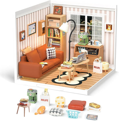 Rolife Super Creator Cozy Living Lounge DIY Miniature House Kit (DW007) | 1:24 Scale