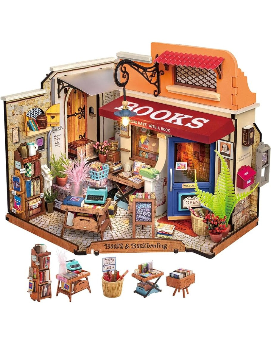 Robotime Rolife ROKR Corner Bookstore DIY Miniature House Kit DG164