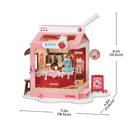 Rolife Food Box Shop Strawberry Milk Box DIY Miniature House Kit (DS034) | Flower LED Light