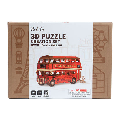 Rolife London Tour Bus Vehicle 3D Wooden Puzzle (TGM02) | Iconic Red Double-Decker Display