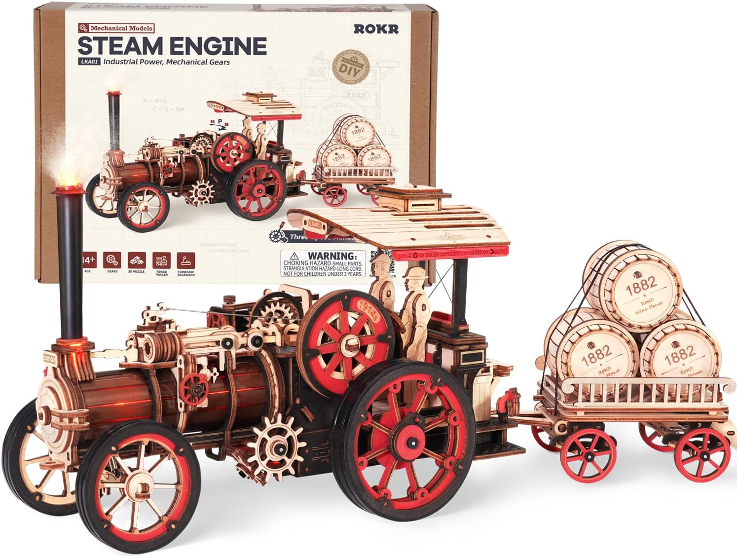 Robotime Steam Engine Tractor Locomotive Model Kit Electric Vintage Car Assembly Wooden Puzzles Vehicle LKA01