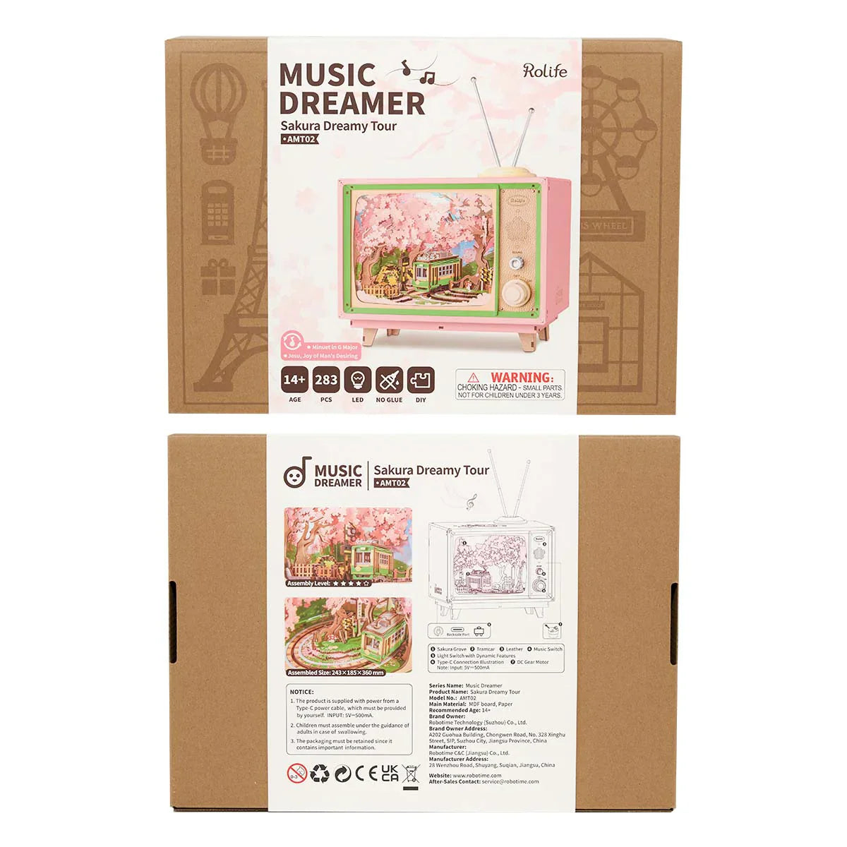 Rolife Sakura Dreamy Tour DIY Music Box 3D Wooden Puzzle - AMT02 | Wind-Up Musical Craft Kit with LED Lights