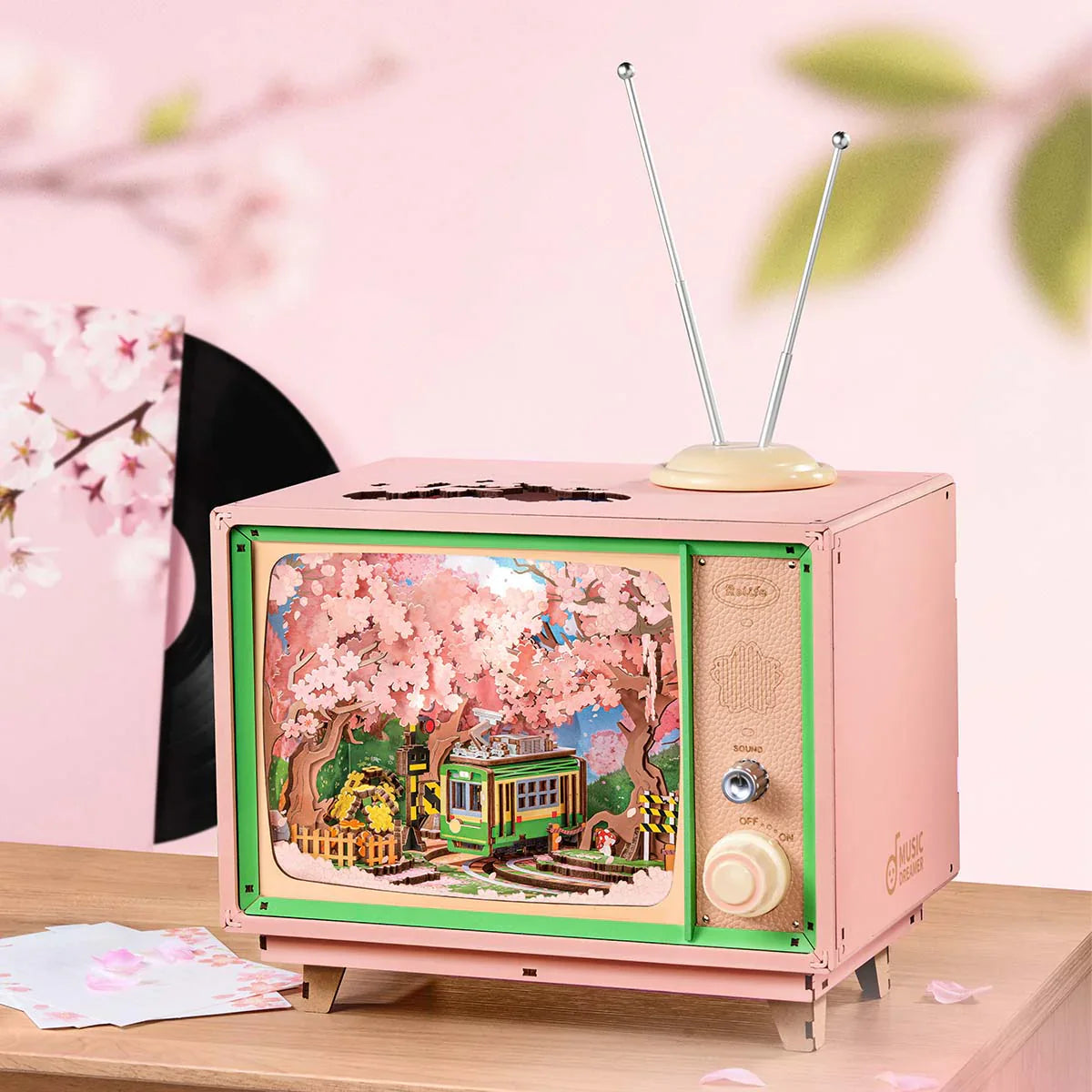 Rolife Sakura Dreamy Tour DIY Music Box 3D Wooden Puzzle - AMT02 | Wind-Up Musical Craft Kit with LED Lights