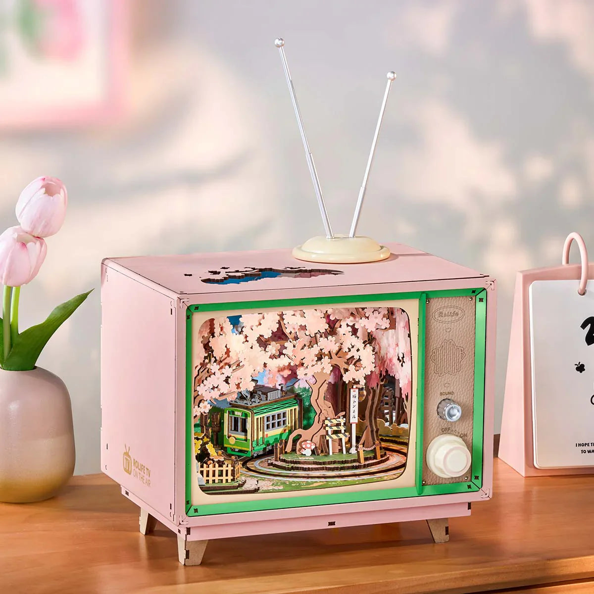 Rolife Sakura Dreamy Tour DIY Music Box 3D Wooden Puzzle - AMT02 | Wind-Up Musical Craft Kit with LED Lights