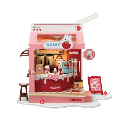 Rolife Food Box Shop Strawberry Milk Box DIY Miniature House Kit (DS034) | Flower LED Light