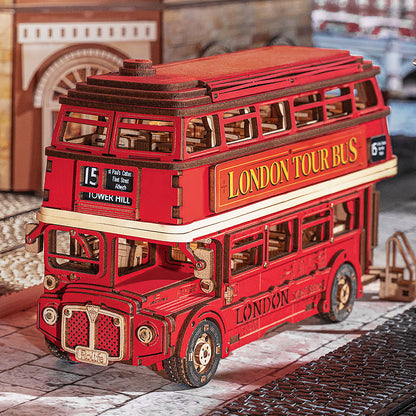 Rolife London Tour Bus Vehicle 3D Wooden Puzzle (TGM02) | Iconic Red Double-Decker Display