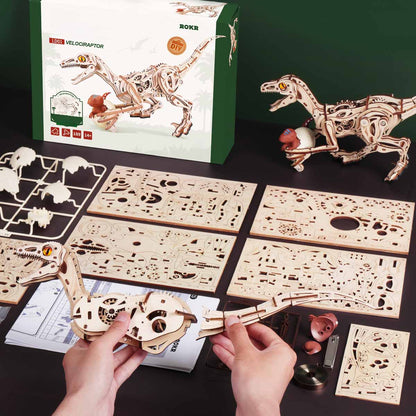 ROKR Velociraptor Mechanical 3D Wooden Puzzle (LD01) | Walking Dinosaur Model