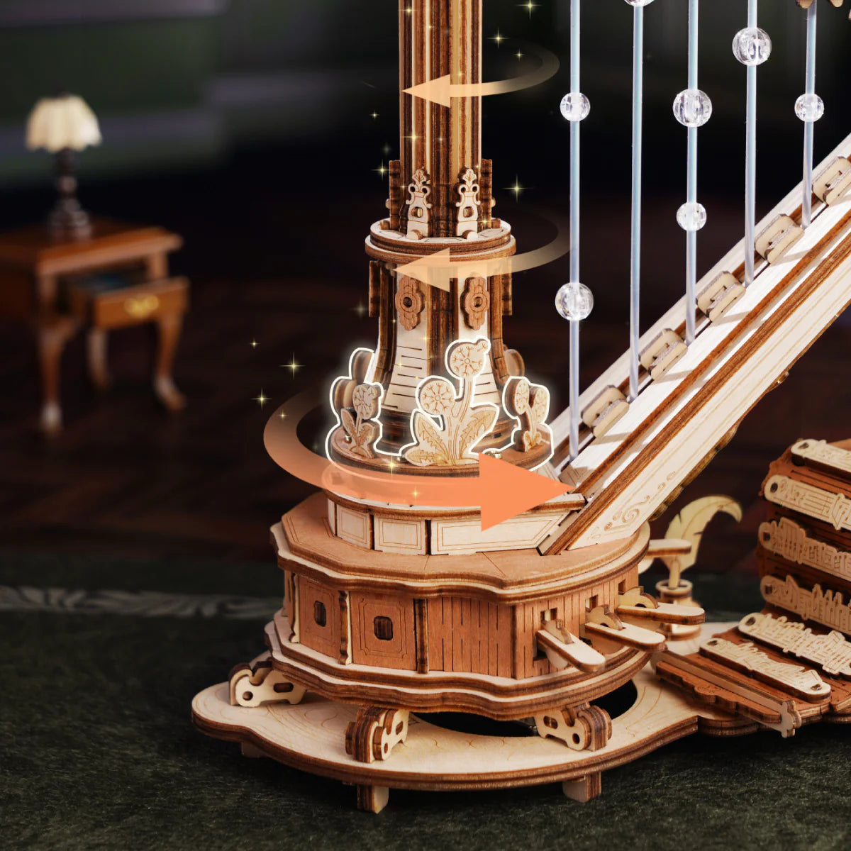 ROKR Magic Harp AMK71 wooden 3D puzzle music box rotating base detail