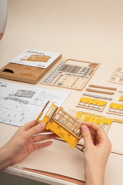 Rolife Retro Tramcar 3D Wooden Puzzle (TG505) | Easy DIY Vintage Vehicle Display Model