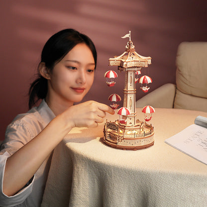 ROKR Parachute Tower DIY Music Box 3D Wooden Puzzle (EA01) | Touch Light Mechanical Puzzle